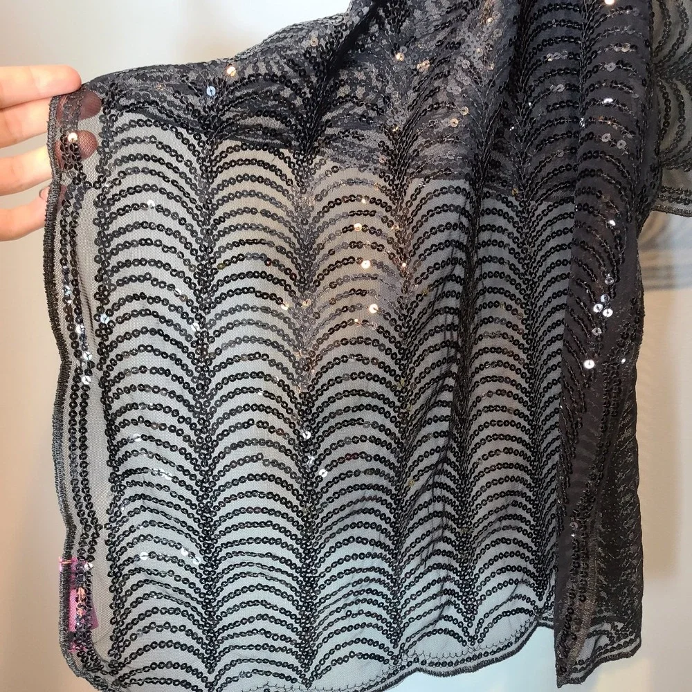 BETSEY JOHNSON Shawl Scarf Wrap Scallop Edge Black Sheer Sparkly Sequins Hoco